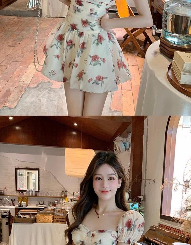 있음 선적 장미 꽃무늬 반팔 한 마디 여성 드레스 여름 새로운 거품 소매 고급 센스 퍼프 미니 스커트 상세 이미지 12