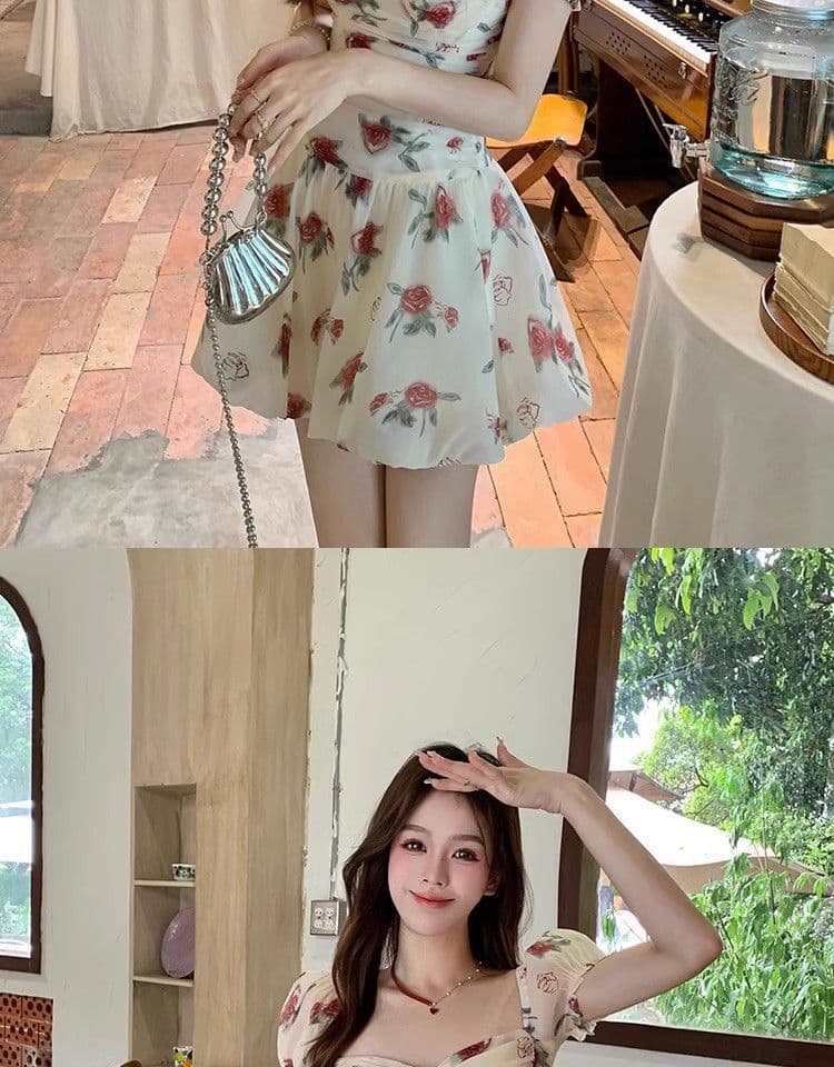 있음 선적 장미 꽃무늬 반팔 한 마디 여성 드레스 여름 새로운 거품 소매 고급 센스 퍼프 미니 스커트 상세 이미지 13