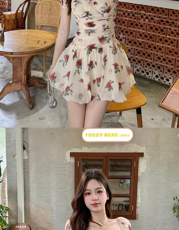 있음 선적 장미 꽃무늬 반팔 한 마디 여성 드레스 여름 새로운 거품 소매 고급 센스 퍼프 미니 스커트 상세 이미지 14