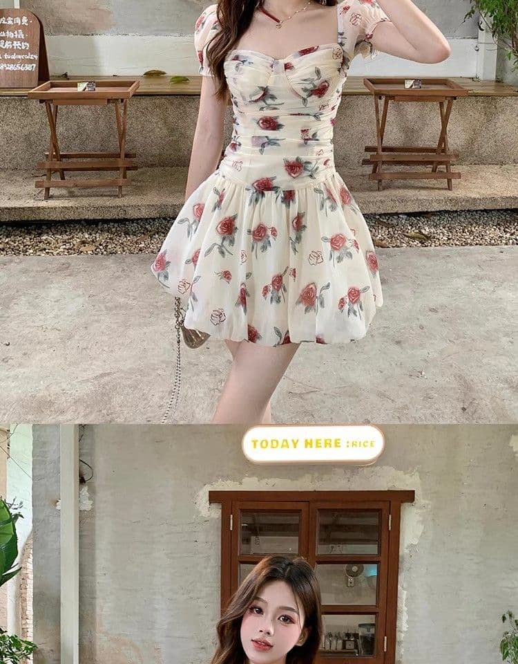 있음 선적 장미 꽃무늬 반팔 한 마디 여성 드레스 여름 새로운 거품 소매 고급 센스 퍼프 미니 스커트 상세 이미지 16