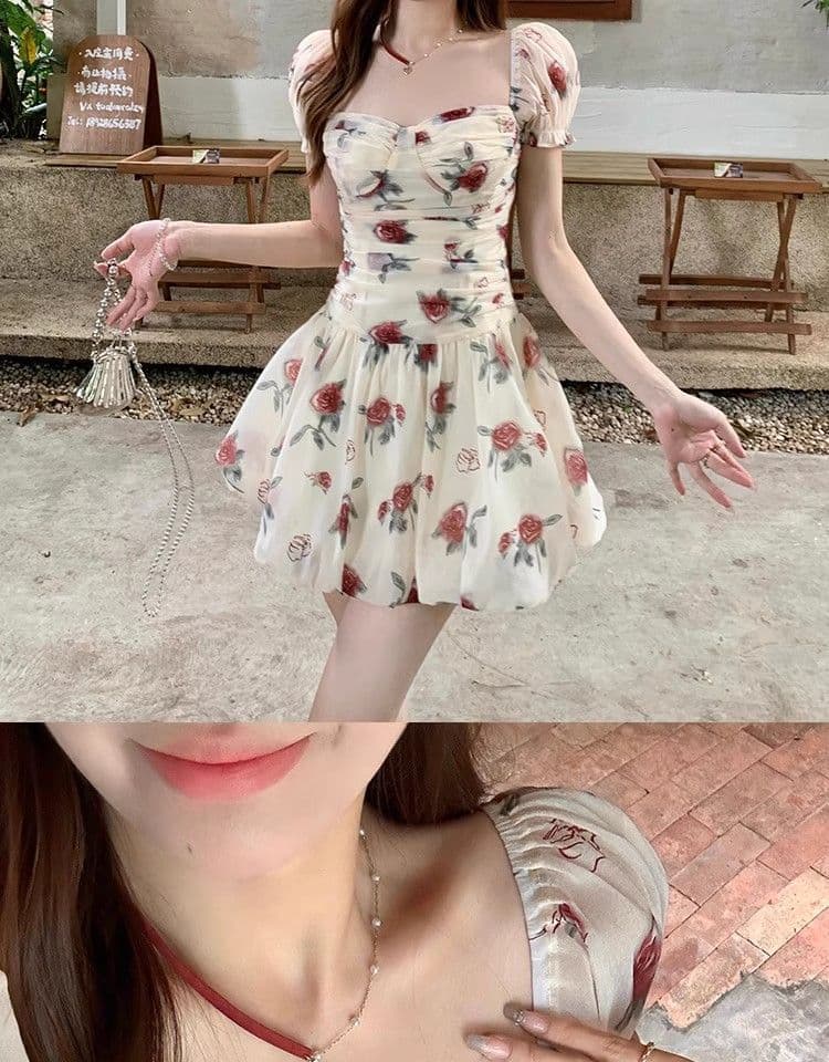있음 선적 장미 꽃무늬 반팔 한 마디 여성 드레스 여름 새로운 거품 소매 고급 센스 퍼프 미니 스커트 상세 이미지 17