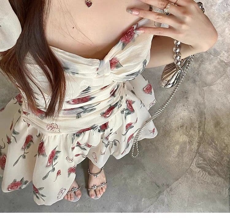 있음 선적 장미 꽃무늬 반팔 한 마디 여성 드레스 여름 새로운 거품 소매 고급 센스 퍼프 미니 스커트 상세 이미지 18