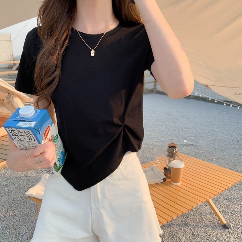 있음 선적 불규칙 반팔 티셔츠 여성 여름 심장 기계 디자인 센스 작은 대중 반소매 하이웨이스트 쇼트 스타일 맨위 상세 이미지 8