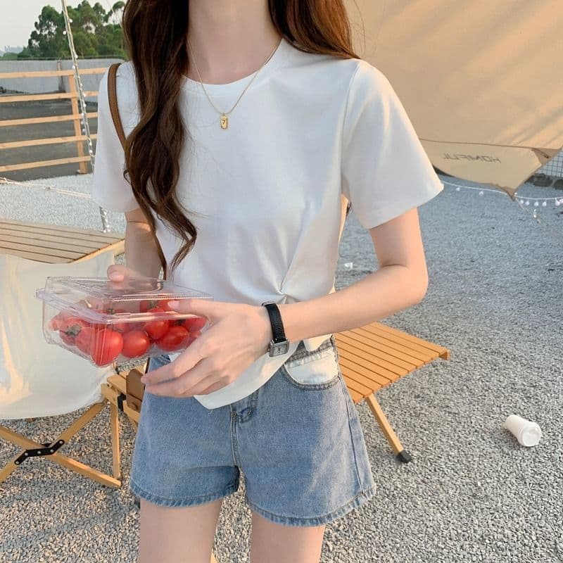 있음 선적 불규칙 반팔 티셔츠 여성 여름 심장 기계 디자인 센스 작은 대중 반소매 하이웨이스트 쇼트 스타일 맨위 상세 이미지 15
