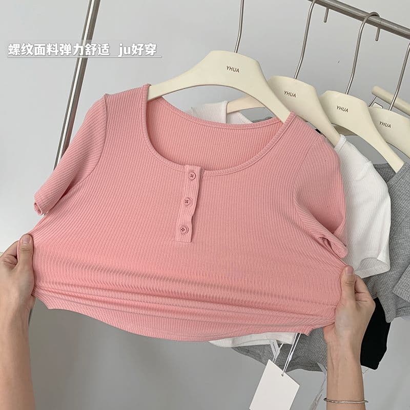 있음 선적 얼음 실크 리브 반팔 티셔츠 여성 여름 새로운 디자인 센스 작은 대중 핫걸 몸매 가꾸기 동정 맨위 상세 이미지 15