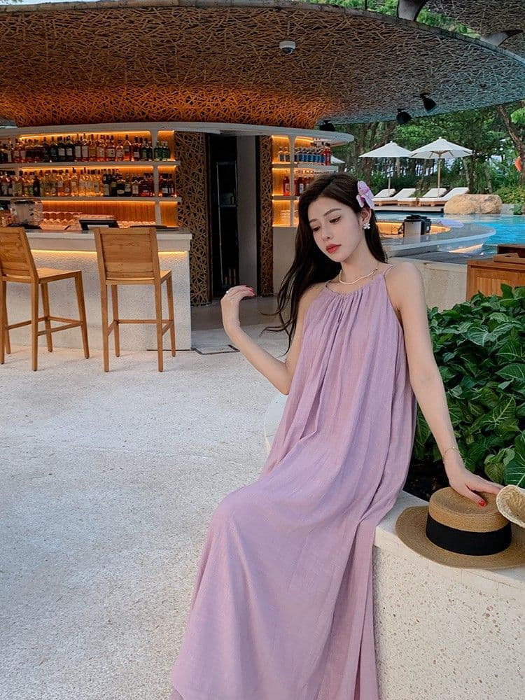 있음 선적 한국 스타일 보라색 행침 목 슬립 드레스 여름 여성 휴가 바람 루즈핏 슬림해 보이는 a 단어 길이 치마