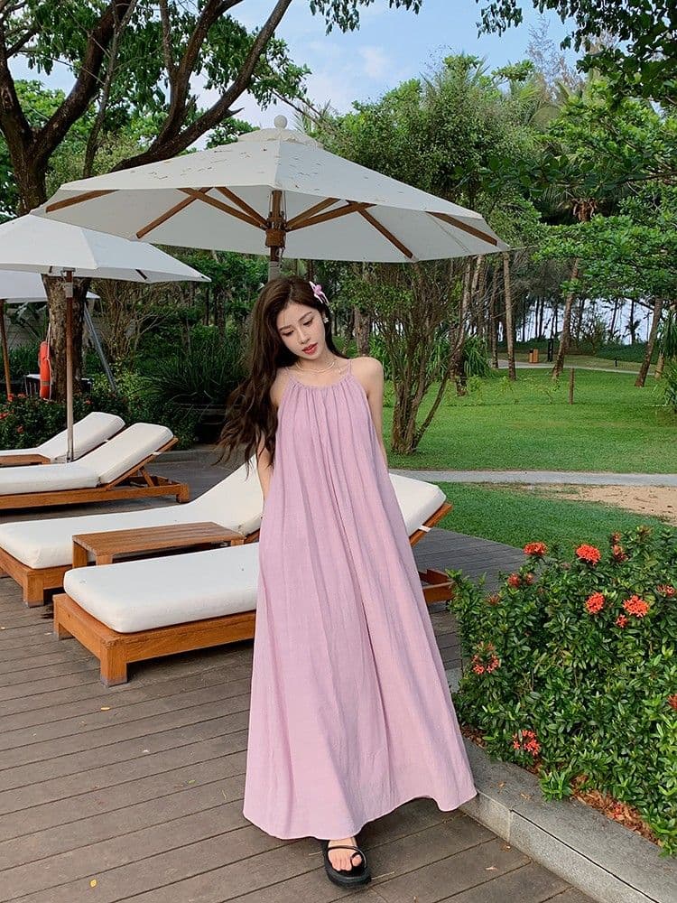 있음 선적 한국 스타일 보라색 행침 목 슬립 드레스 여름 여성 휴가 바람 루즈핏 슬림해 보이는 a 단어 길이 치마 이미지 3