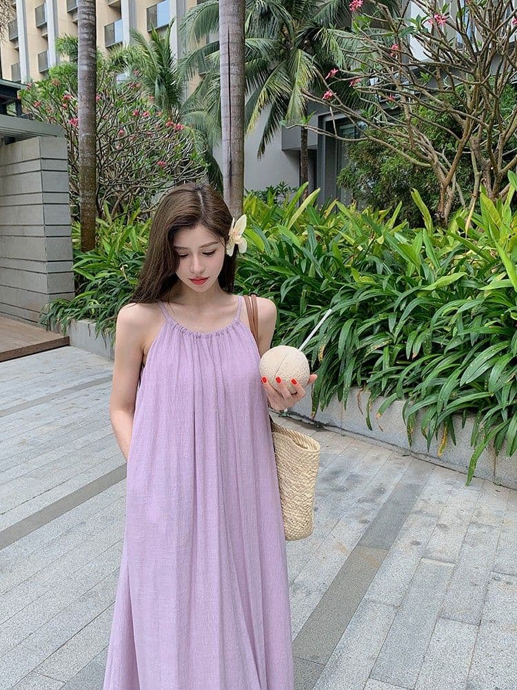 있음 선적 한국 스타일 보라색 행침 목 슬립 드레스 여름 여성 휴가 바람 루즈핏 슬림해 보이는 a 단어 길이 치마 이미지 4