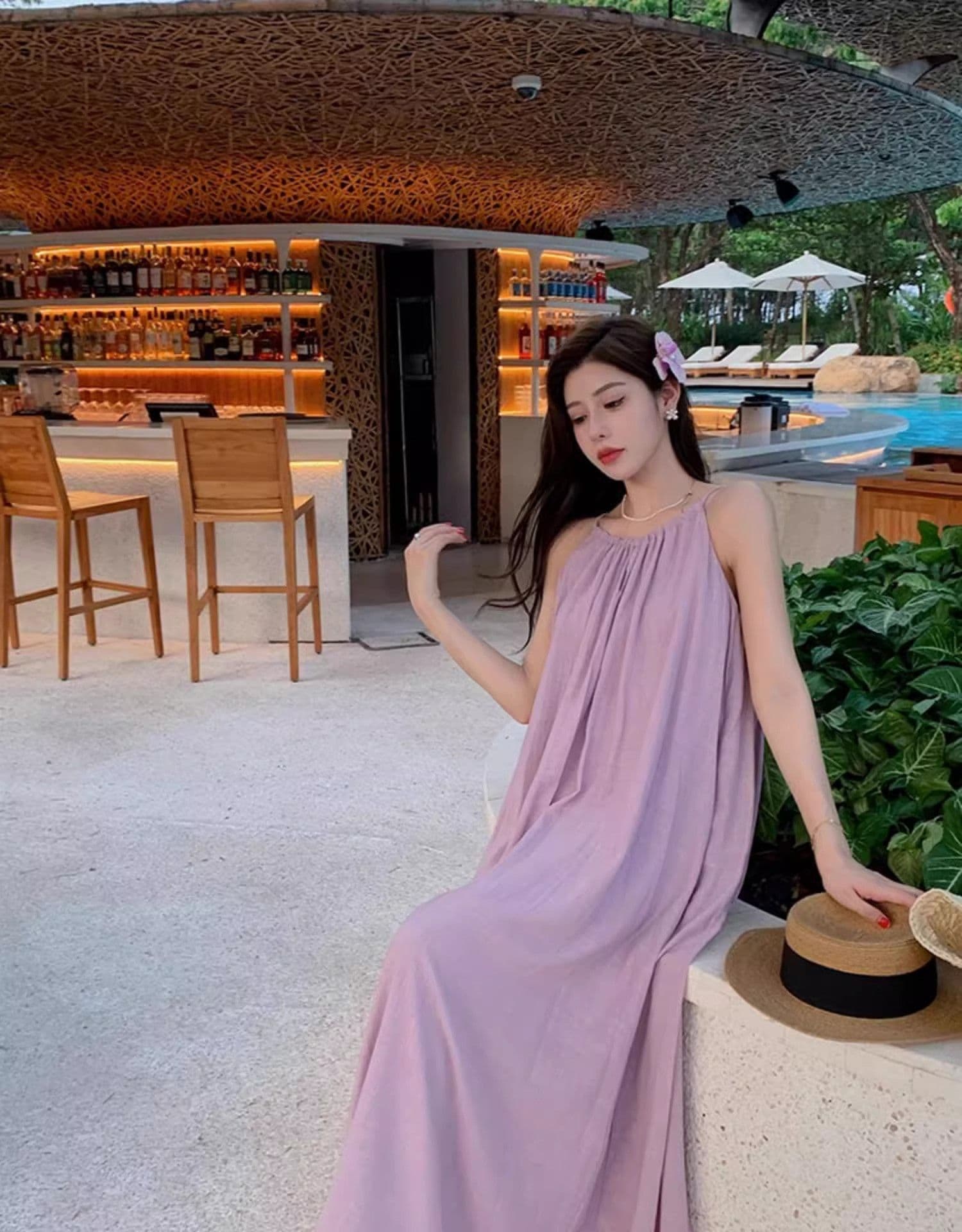있음 선적 한국 스타일 보라색 행침 목 슬립 드레스 여름 여성 휴가 바람 루즈핏 슬림해 보이는 a 단어 길이 치마 상세 이미지 3