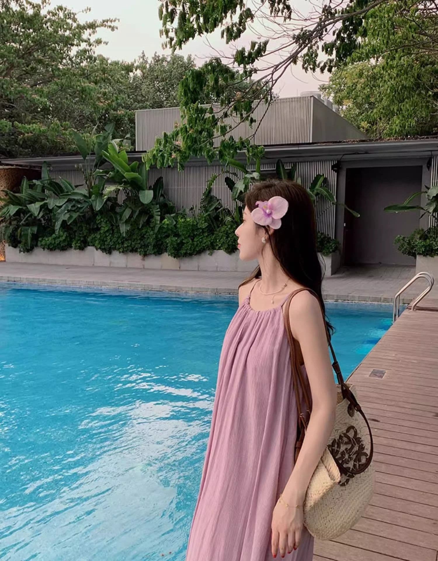있음 선적 한국 스타일 보라색 행침 목 슬립 드레스 여름 여성 휴가 바람 루즈핏 슬림해 보이는 a 단어 길이 치마 상세 이미지 6