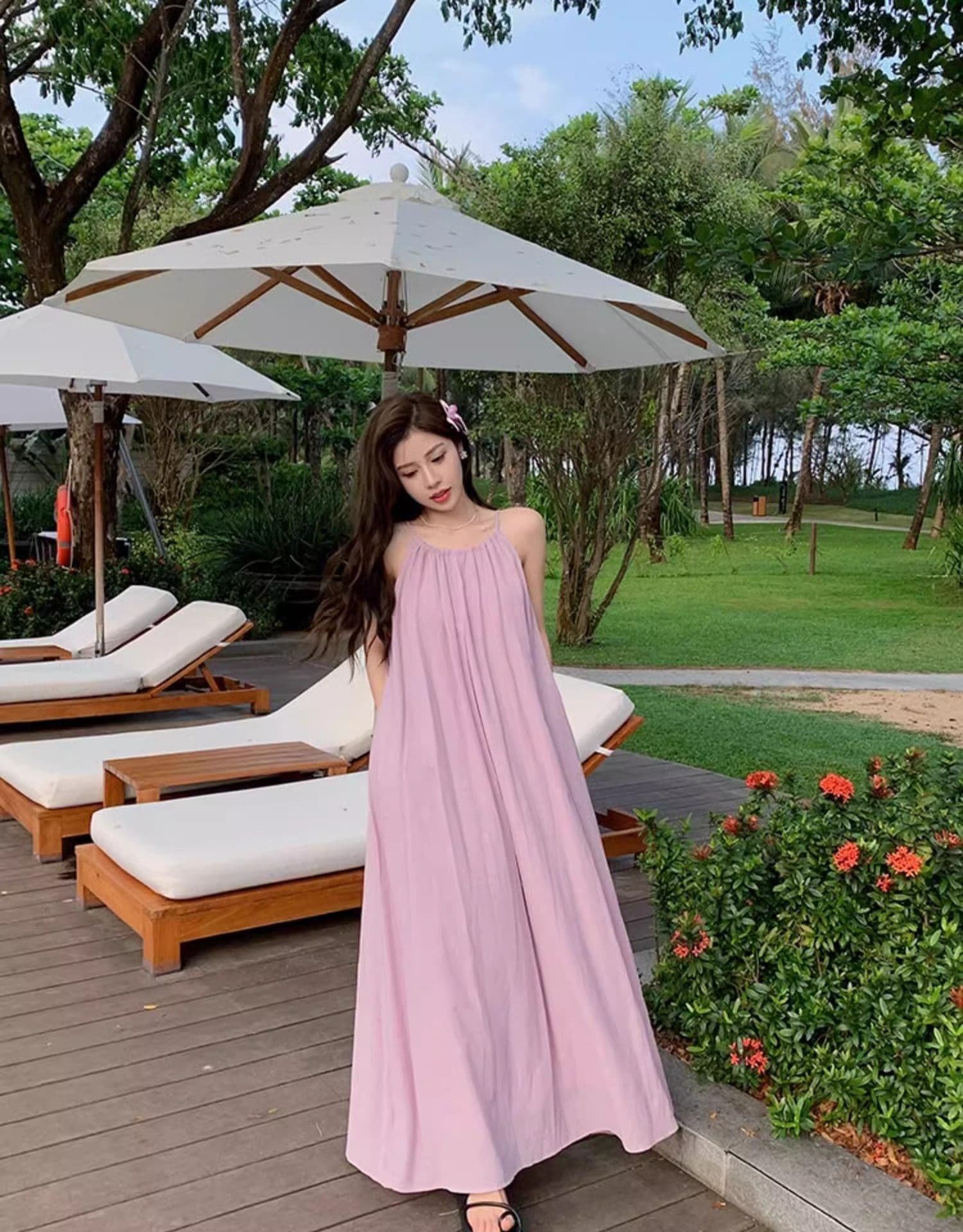 있음 선적 한국 스타일 보라색 행침 목 슬립 드레스 여름 여성 휴가 바람 루즈핏 슬림해 보이는 a 단어 길이 치마 상세 이미지 7