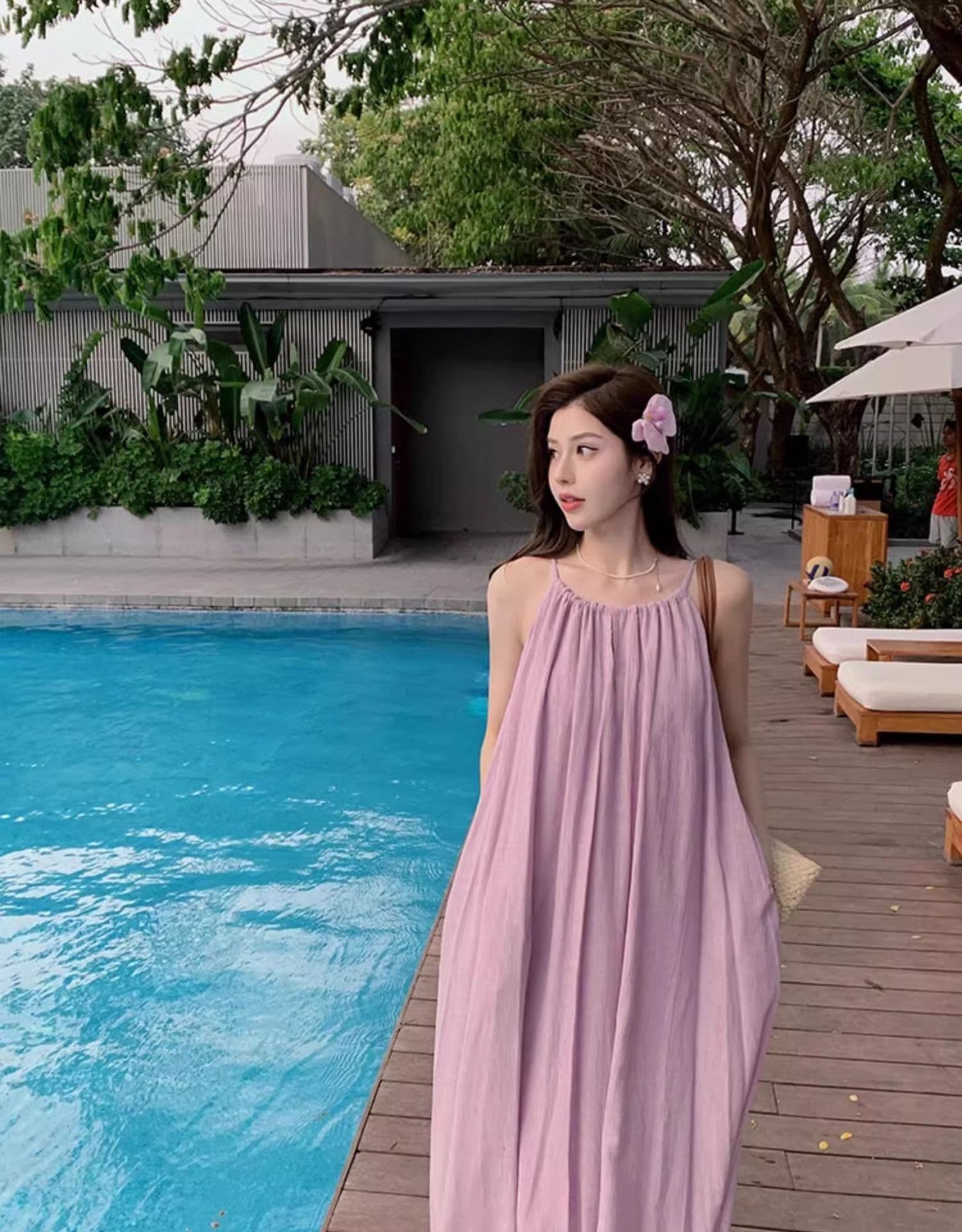 있음 선적 한국 스타일 보라색 행침 목 슬립 드레스 여름 여성 휴가 바람 루즈핏 슬림해 보이는 a 단어 길이 치마 상세 이미지 8