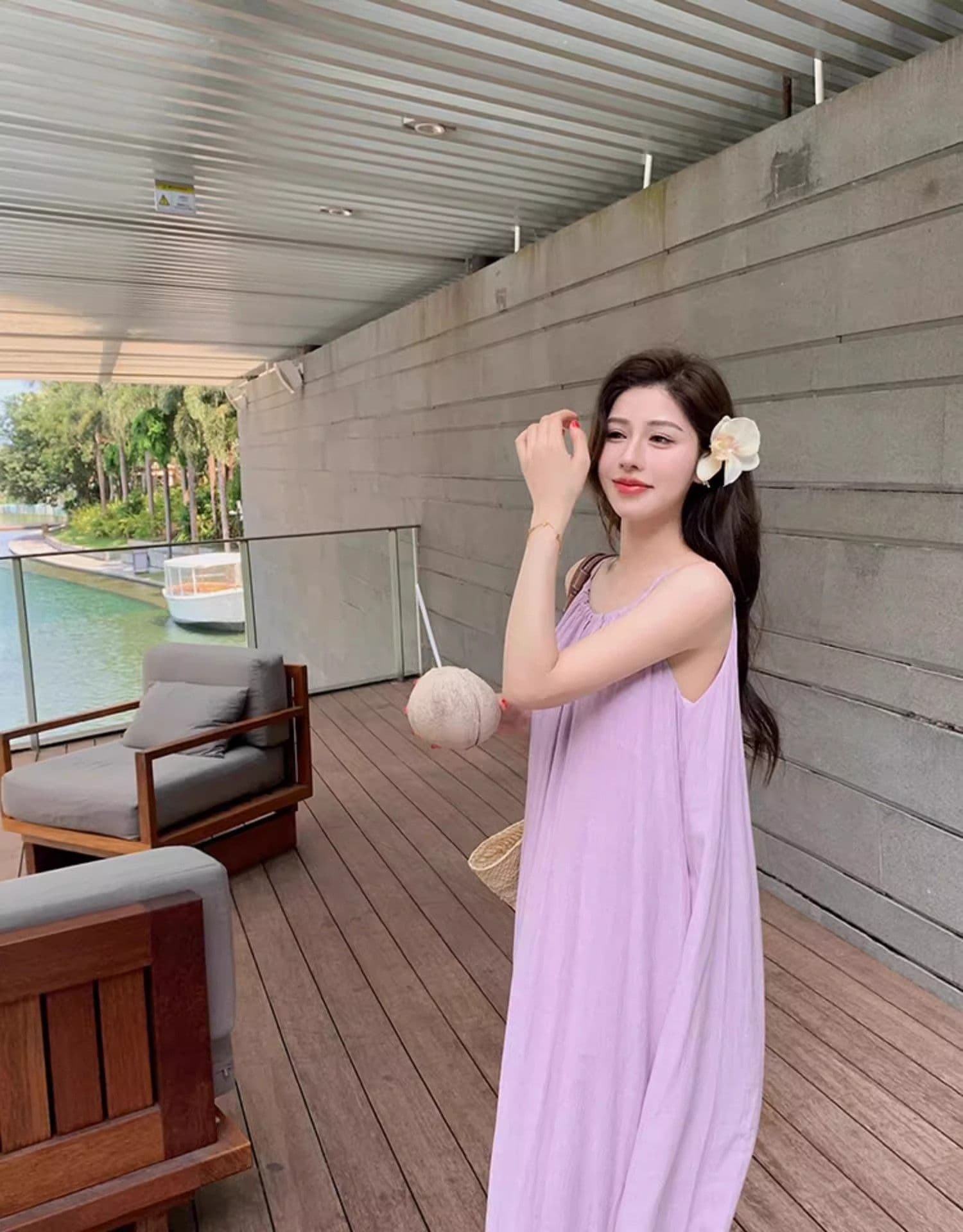 있음 선적 한국 스타일 보라색 행침 목 슬립 드레스 여름 여성 휴가 바람 루즈핏 슬림해 보이는 a 단어 길이 치마 상세 이미지 11