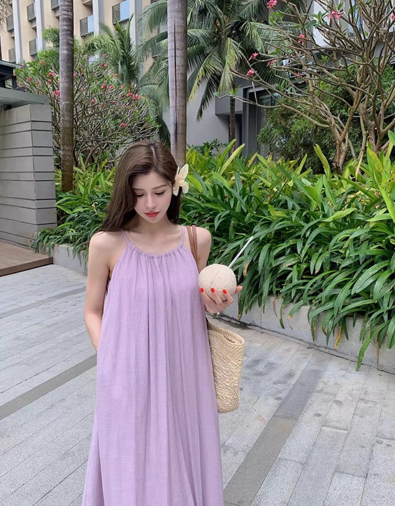 있음 선적 한국 스타일 보라색 행침 목 슬립 드레스 여름 여성 휴가 바람 루즈핏 슬림해 보이는 a 단어 길이 치마 상세 이미지 12