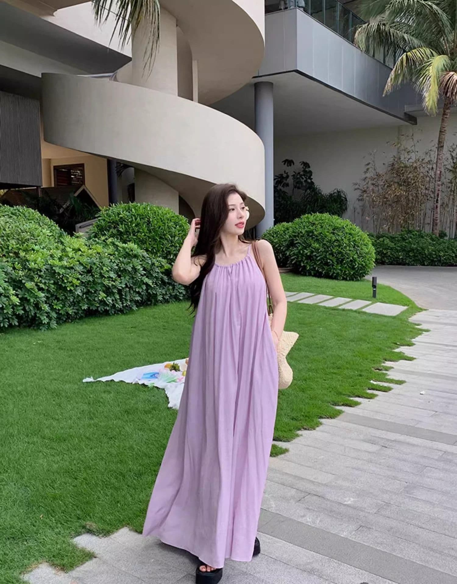 있음 선적 한국 스타일 보라색 행침 목 슬립 드레스 여름 여성 휴가 바람 루즈핏 슬림해 보이는 a 단어 길이 치마 상세 이미지 14