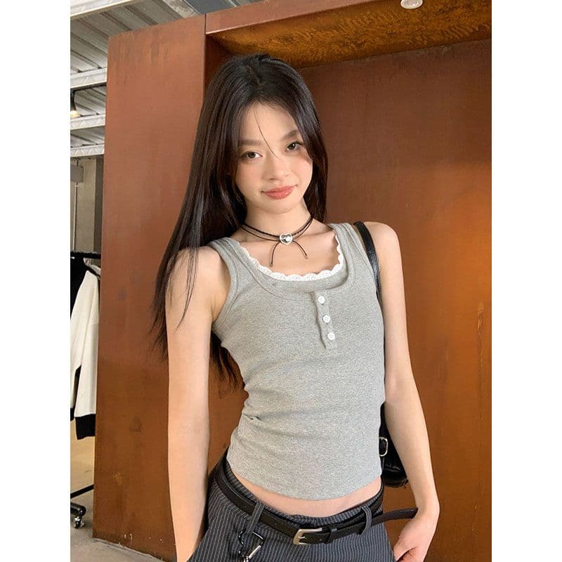 2 2 사람들 면 260 그램 레이스 측면 패치워크 단추 캐미솔 여름 새로운 페이크 레이어드 몸매 가꾸기 핫걸