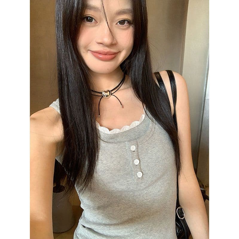 2 2 사람들 면 260 그램 레이스 측면 패치워크 단추 캐미솔 여름 새로운 페이크 레이어드 몸매 가꾸기 핫걸 이미지 5