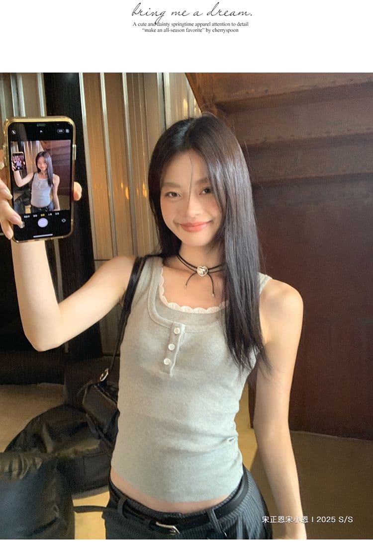 2 2 사람들 면 260 그램 레이스 측면 패치워크 단추 캐미솔 여름 새로운 페이크 레이어드 몸매 가꾸기 핫걸 상세 이미지 3