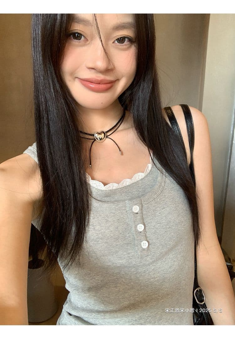 2 2 사람들 면 260 그램 레이스 측면 패치워크 단추 캐미솔 여름 새로운 페이크 레이어드 몸매 가꾸기 핫걸 상세 이미지 5