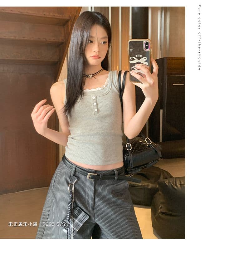2 2 사람들 면 260 그램 레이스 측면 패치워크 단추 캐미솔 여름 새로운 페이크 레이어드 몸매 가꾸기 핫걸 상세 이미지 7