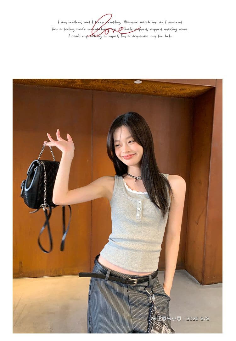 2 2 사람들 면 260 그램 레이스 측면 패치워크 단추 캐미솔 여름 새로운 페이크 레이어드 몸매 가꾸기 핫걸 상세 이미지 9