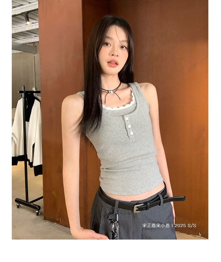 2 2 사람들 면 260 그램 레이스 측면 패치워크 단추 캐미솔 여름 새로운 페이크 레이어드 몸매 가꾸기 핫걸 상세 이미지 10