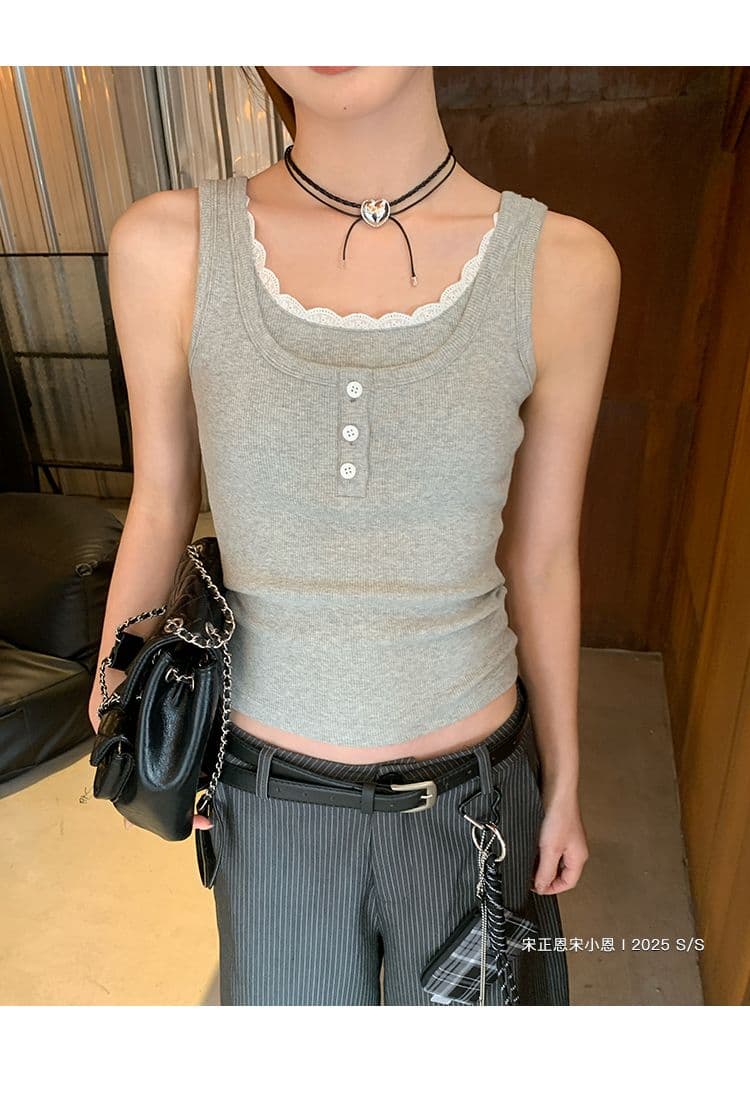 2 2 사람들 면 260 그램 레이스 측면 패치워크 단추 캐미솔 여름 새로운 페이크 레이어드 몸매 가꾸기 핫걸 상세 이미지 14