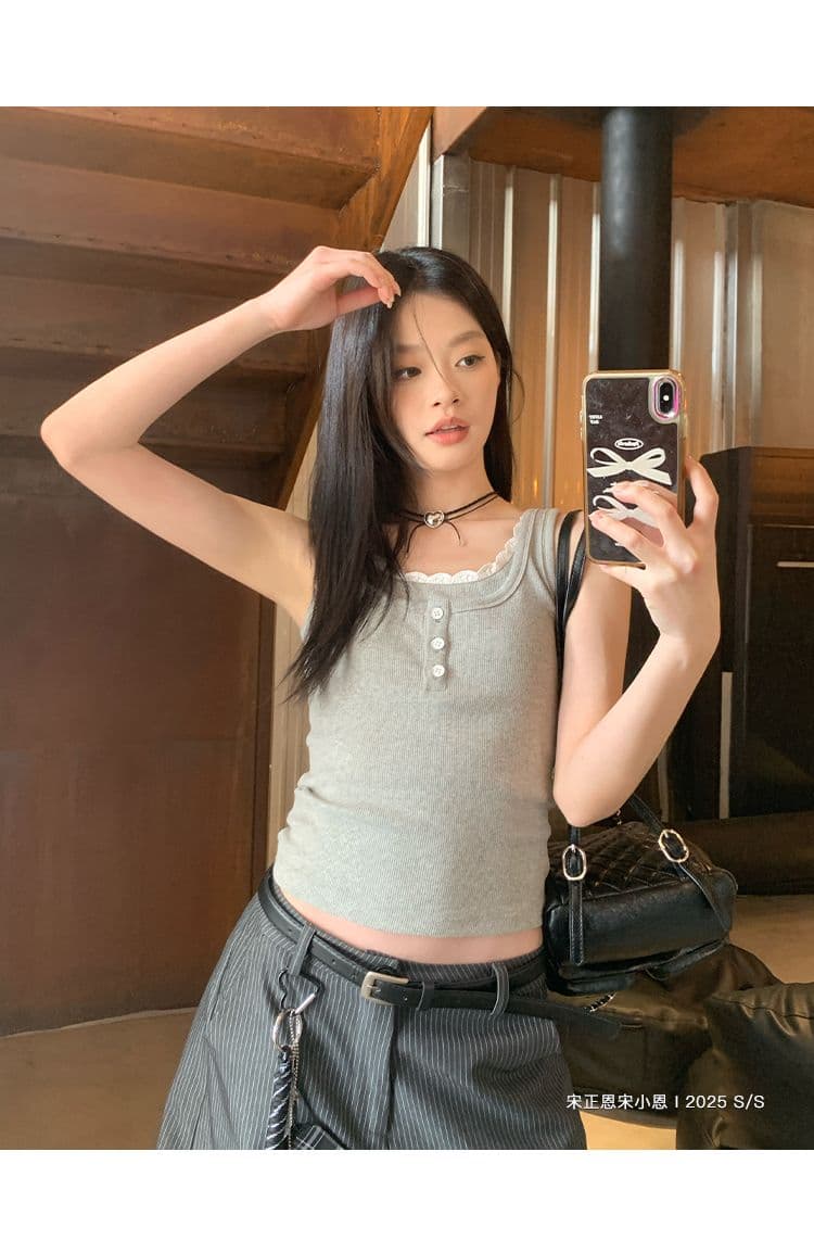 2 2 사람들 면 260 그램 레이스 측면 패치워크 단추 캐미솔 여름 새로운 페이크 레이어드 몸매 가꾸기 핫걸 상세 이미지 15