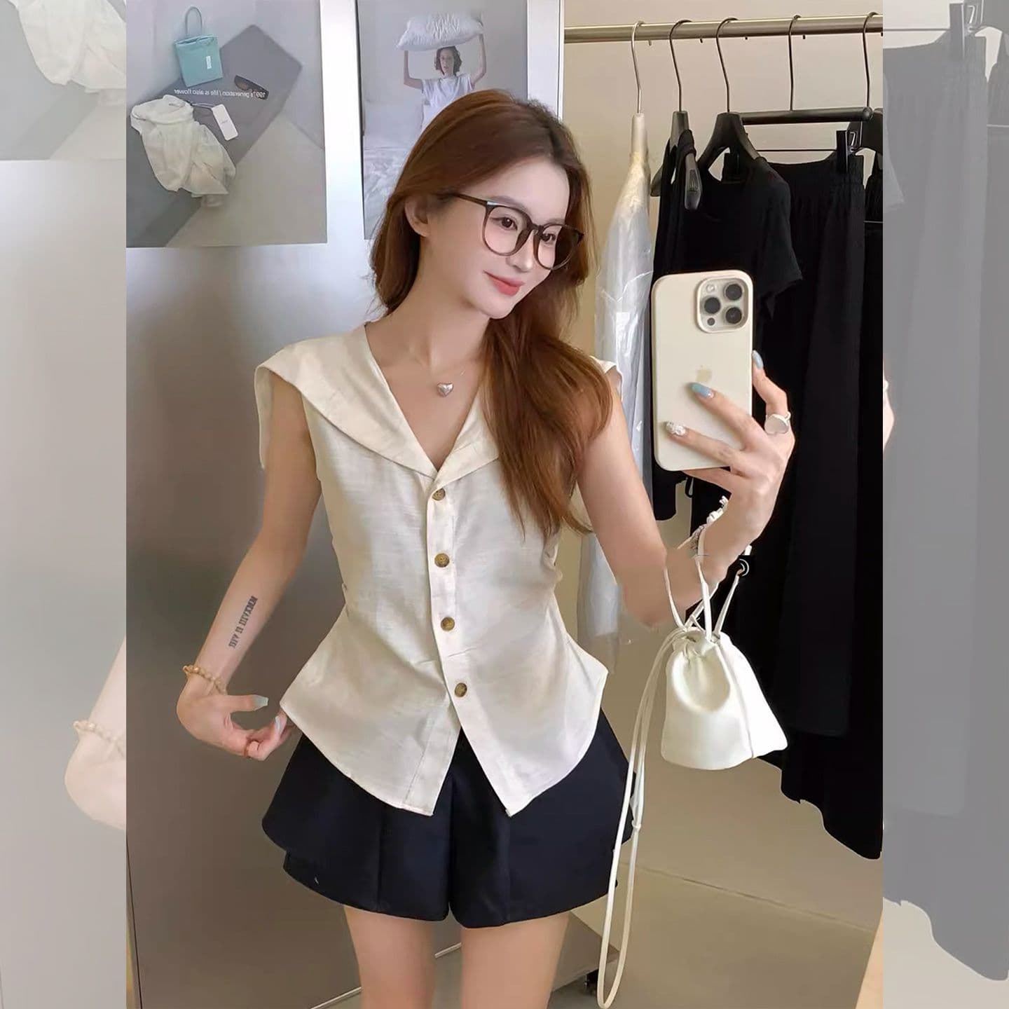 있음 선적 원본 해군 칼라 아마 민소매 베스트 여성 셔츠 여름 연령 감소 허리 수축 슬림해 보이는 작은 셔츠 맨위 상세 이미지 2