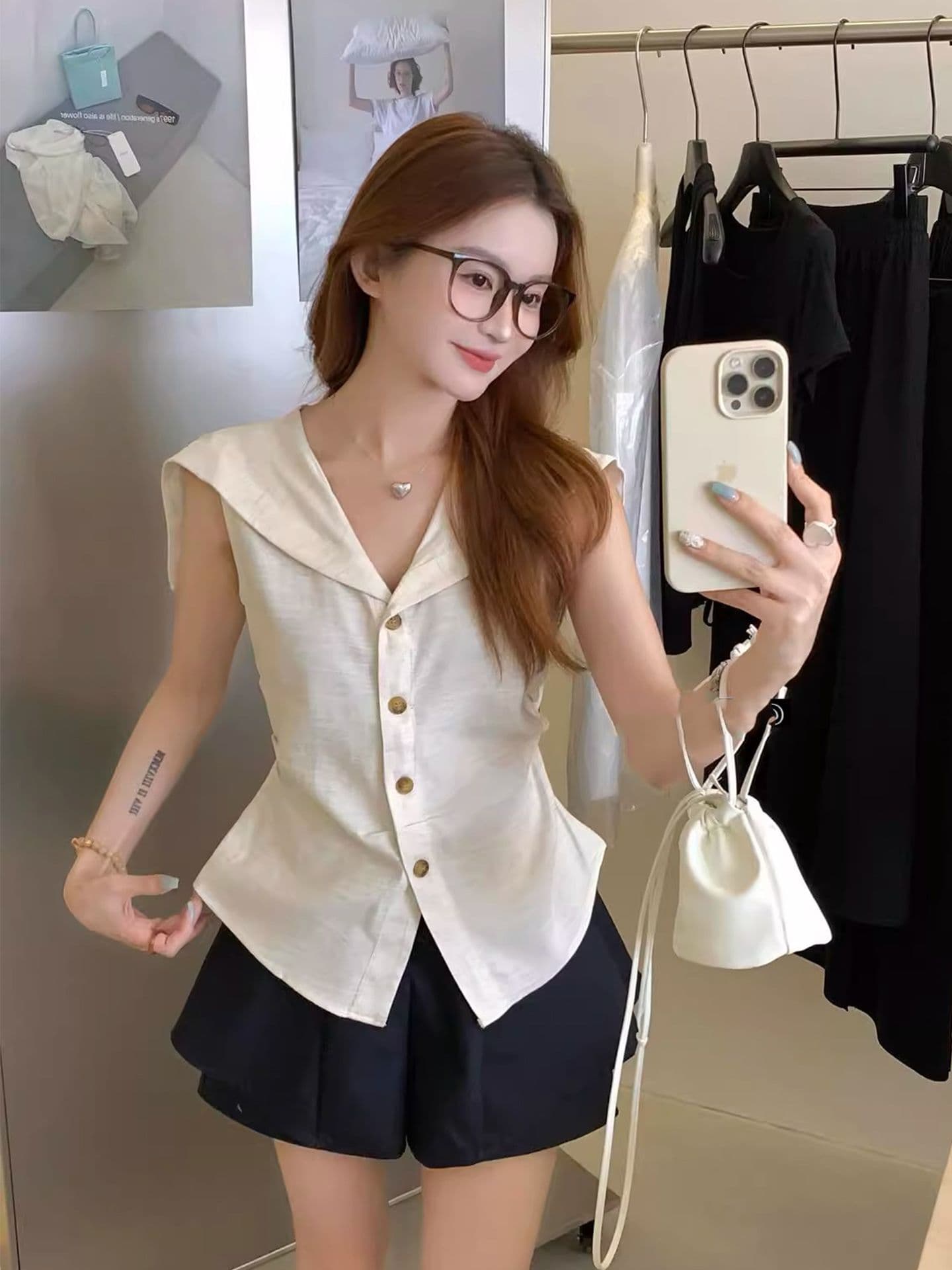 있음 선적 원본 해군 칼라 아마 민소매 베스트 여성 셔츠 여름 연령 감소 허리 수축 슬림해 보이는 작은 셔츠 맨위 상세 이미지 7