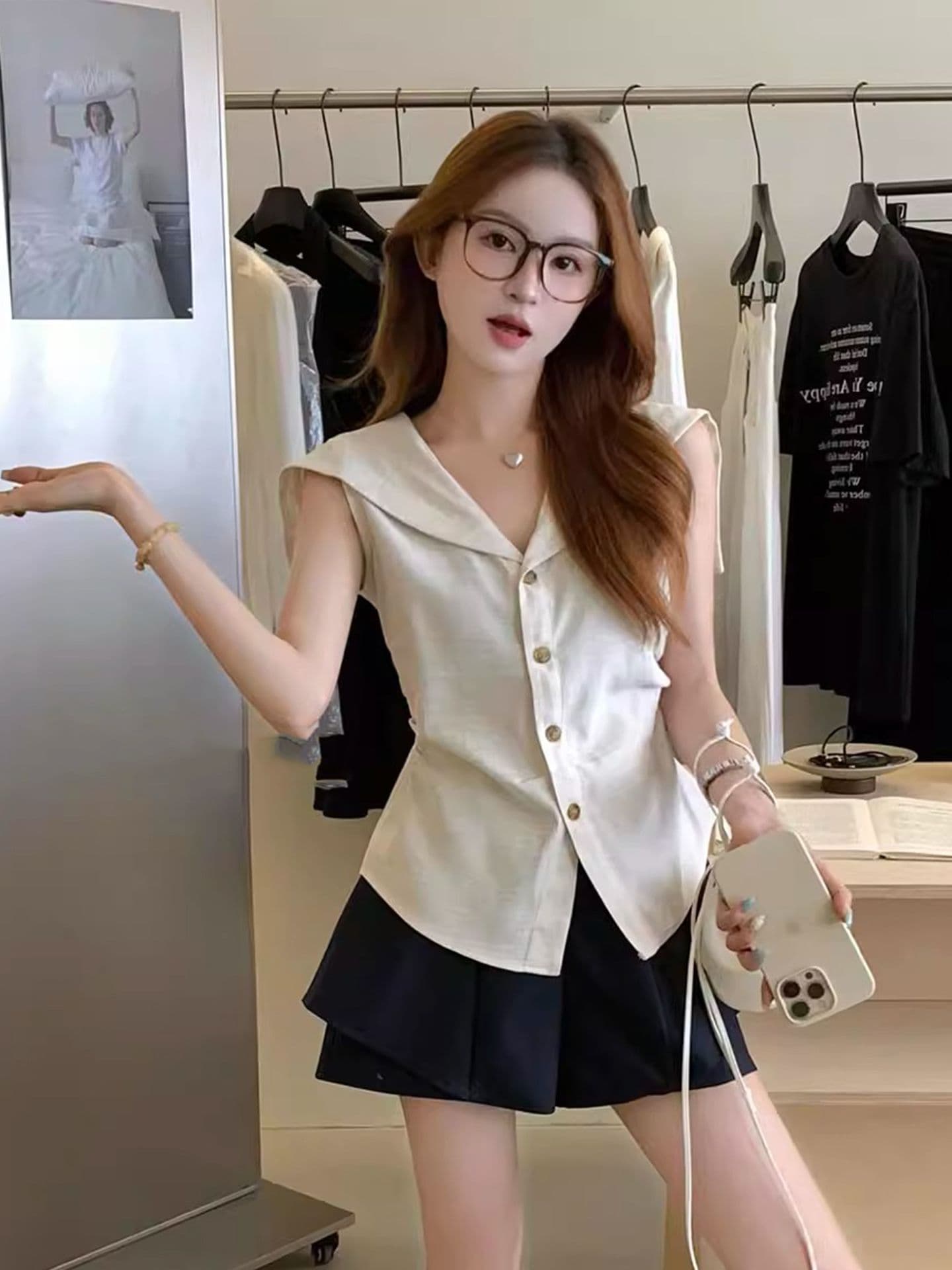 있음 선적 원본 해군 칼라 아마 민소매 베스트 여성 셔츠 여름 연령 감소 허리 수축 슬림해 보이는 작은 셔츠 맨위 상세 이미지 8