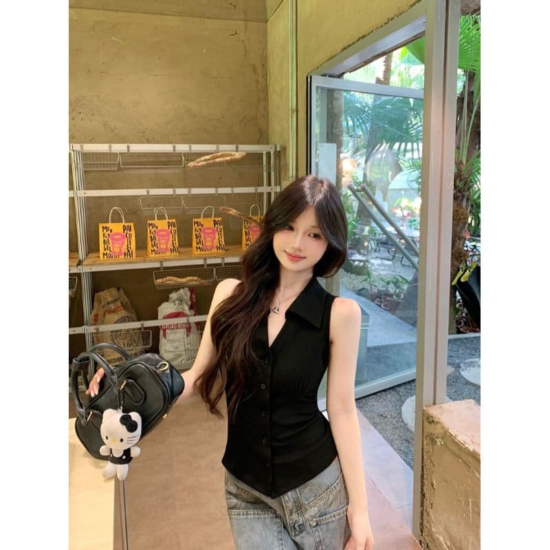 있음 선적 원본 순수한 욕망 바람 디자인 센스 싱글 줄 버튼 민소매 행침 목 조끼 여성 여름 허리 수축 검정색 맨위 이미지 2