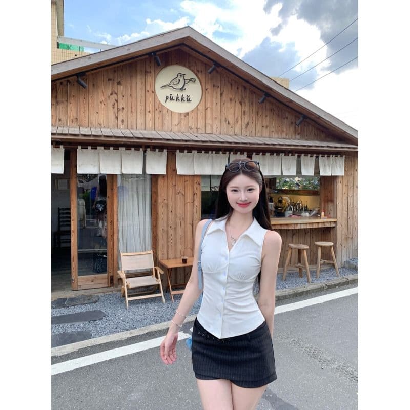 있음 선적 원본 순수한 욕망 바람 디자인 센스 싱글 줄 버튼 민소매 행침 목 조끼 여성 여름 허리 수축 검정색 맨위 이미지 3