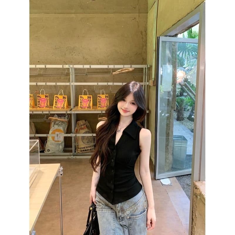 있음 선적 원본 순수한 욕망 바람 디자인 센스 싱글 줄 버튼 민소매 행침 목 조끼 여성 여름 허리 수축 검정색 맨위 이미지 4
