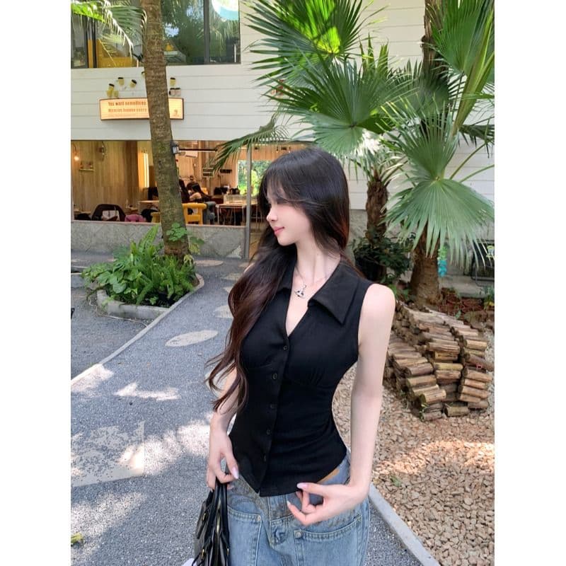 있음 선적 원본 순수한 욕망 바람 디자인 센스 싱글 줄 버튼 민소매 행침 목 조끼 여성 여름 허리 수축 검정색 맨위 이미지 5