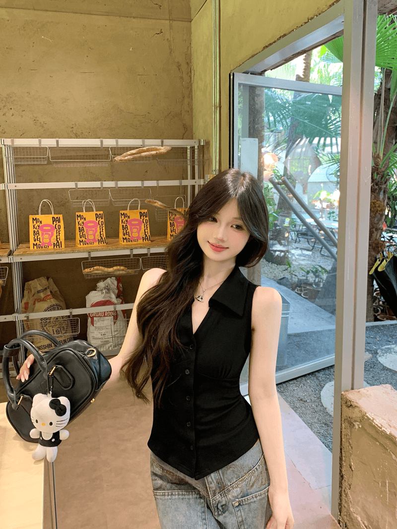 있음 선적 원본 순수한 욕망 바람 디자인 센스 싱글 줄 버튼 민소매 행침 목 조끼 여성 여름 허리 수축 검정색 맨위 상세 이미지 3