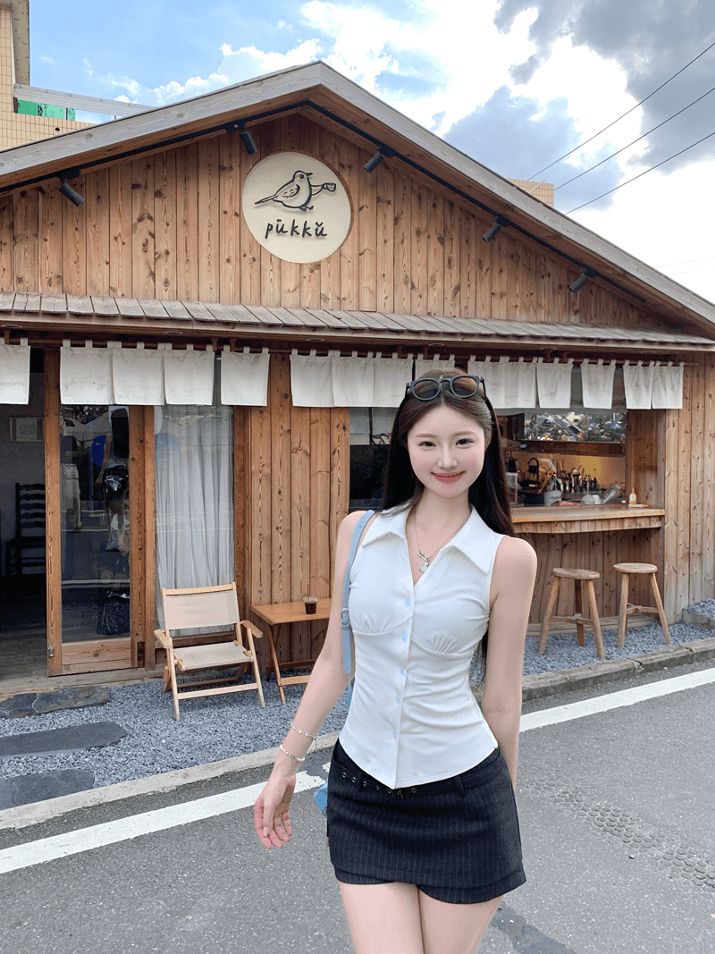 있음 선적 원본 순수한 욕망 바람 디자인 센스 싱글 줄 버튼 민소매 행침 목 조끼 여성 여름 허리 수축 검정색 맨위 상세 이미지 13