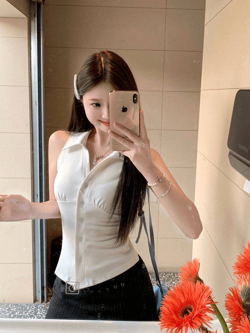 있음 선적 원본 순수한 욕망 바람 디자인 센스 싱글 줄 버튼 민소매 행침 목 조끼 여성 여름 허리 수축 검정색 맨위 상세 이미지 15