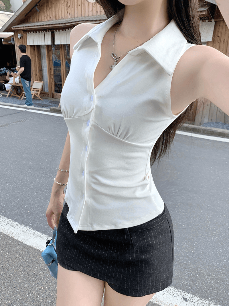 있음 선적 원본 순수한 욕망 바람 디자인 센스 싱글 줄 버튼 민소매 행침 목 조끼 여성 여름 허리 수축 검정색 맨위 상세 이미지 16