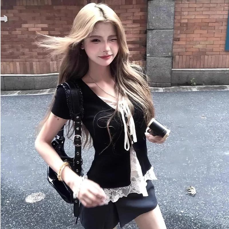 있음 선적 와 사고 방식 한 부서 핫걸 페이크 레이어드 V넥 레이스 반팔 티셔츠 여성 여름 몸매 가꾸기 허리 수축 맨위 상세 이미지 2