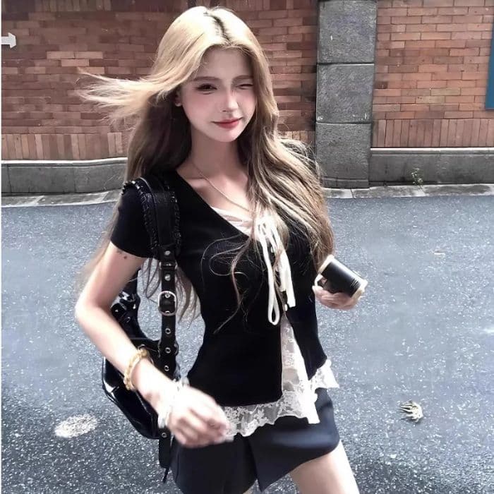 있음 선적 와 사고 방식 한 부서 핫걸 페이크 레이어드 V넥 레이스 반팔 티셔츠 여성 여름 몸매 가꾸기 허리 수축 맨위 상세 이미지 10