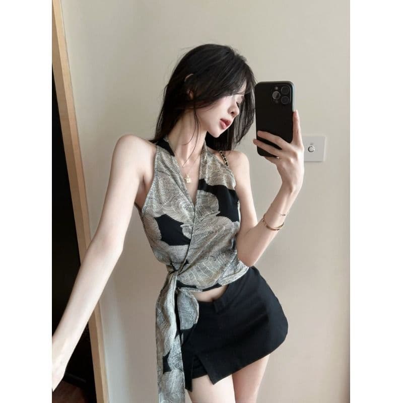 있음 선적 셔틀 제직 그리드 레트로 프린트 십자가 V넥 행침 목 캐미솔 여름 스트랩 몸매 가꾸기 핫걸 맨위 이미지 2