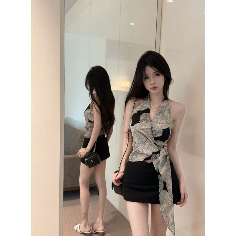 있음 선적 셔틀 제직 그리드 레트로 프린트 십자가 V넥 행침 목 캐미솔 여름 스트랩 몸매 가꾸기 핫걸 맨위 이미지 5