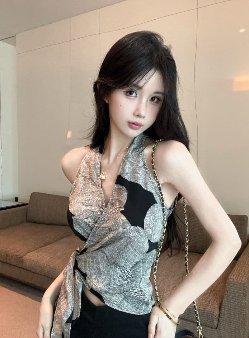 있음 선적 셔틀 제직 그리드 레트로 프린트 십자가 V넥 행침 목 캐미솔 여름 스트랩 몸매 가꾸기 핫걸 맨위 상세 이미지 7