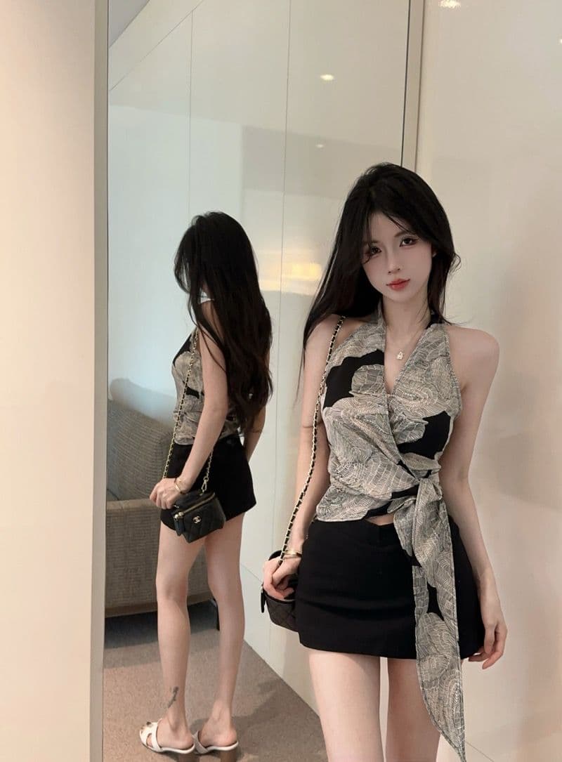 있음 선적 셔틀 제직 그리드 레트로 프린트 십자가 V넥 행침 목 캐미솔 여름 스트랩 몸매 가꾸기 핫걸 맨위 상세 이미지 9
