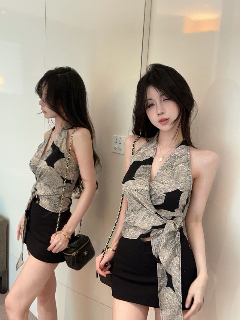 있음 선적 셔틀 제직 그리드 레트로 프린트 십자가 V넥 행침 목 캐미솔 여름 스트랩 몸매 가꾸기 핫걸 맨위 상세 이미지 11