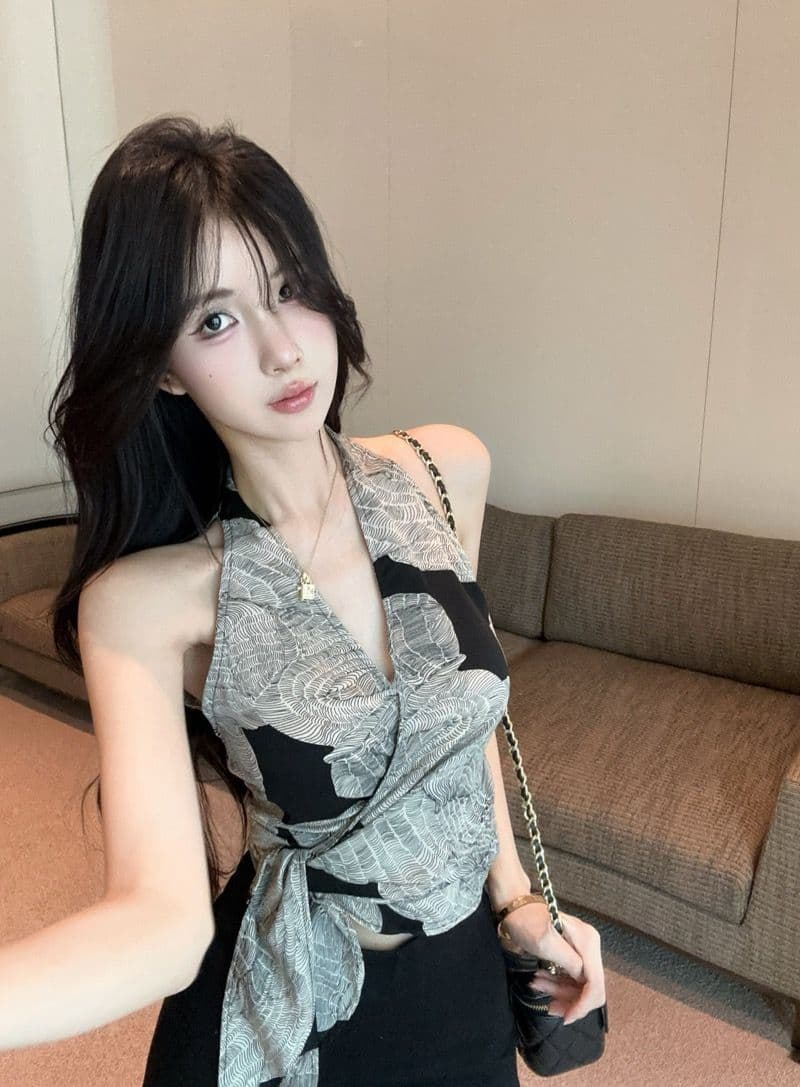 있음 선적 셔틀 제직 그리드 레트로 프린트 십자가 V넥 행침 목 캐미솔 여름 스트랩 몸매 가꾸기 핫걸 맨위 상세 이미지 12