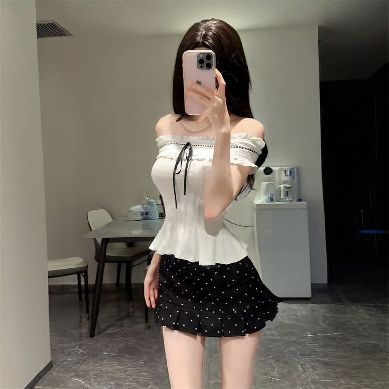 있음 선적 자카드 원단 순수한 욕망 바람 핫걸 오프숄더 민소매 티셔츠 여성 여름 슬림해 보이는 디자인 센스 맨위 이미지 2