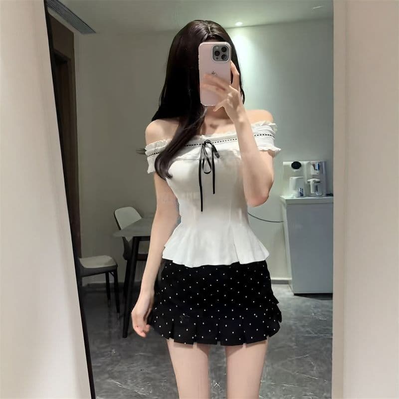 있음 선적 자카드 원단 순수한 욕망 바람 핫걸 오프숄더 민소매 티셔츠 여성 여름 슬림해 보이는 디자인 센스 맨위 상세 이미지 3