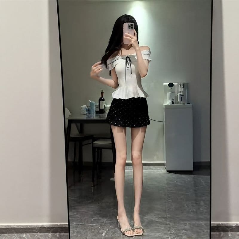 있음 선적 자카드 원단 순수한 욕망 바람 핫걸 오프숄더 민소매 티셔츠 여성 여름 슬림해 보이는 디자인 센스 맨위 상세 이미지 5